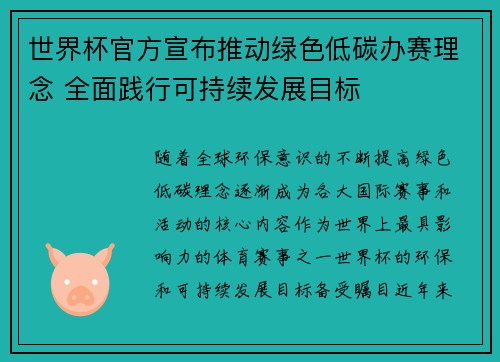 世界杯官方宣布推动绿色低碳办赛理念 全面践行可持续发展目标